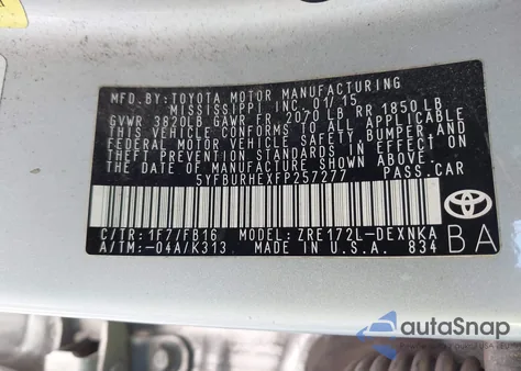 2015 Toyota Corolla Le из США, поврежденный, VIN 5YFBURHEXFP257277